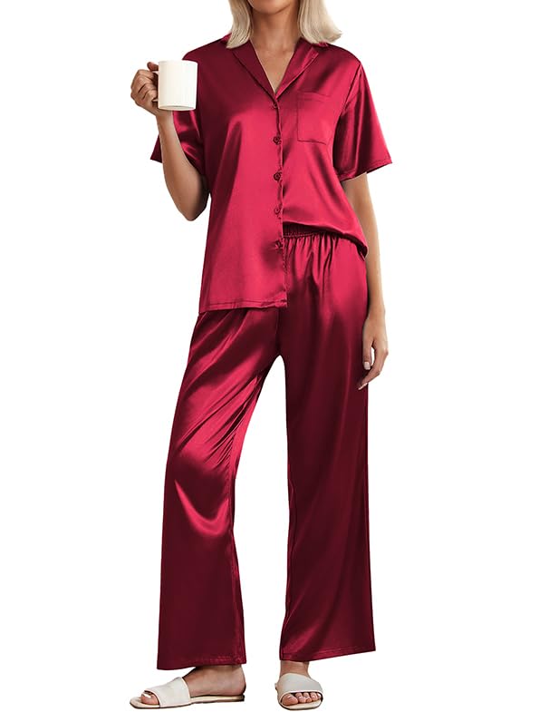 Ekouaer Womens Silk Pajama Sets Short Sleeve Button Down Shirt with Long Pants Soft Sleepwear Satin Pjs Lounge Set S-XXL