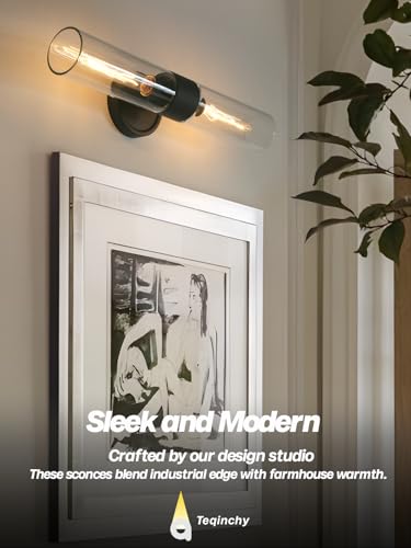 Image of 2-Lights Modern Wall Sconces Black Bathroom Vanity Light with Handblown Clear Glass Hardwired Wall Sconce Light for Bathroom Mirror Bedroom Livingroom Hallway Indoor