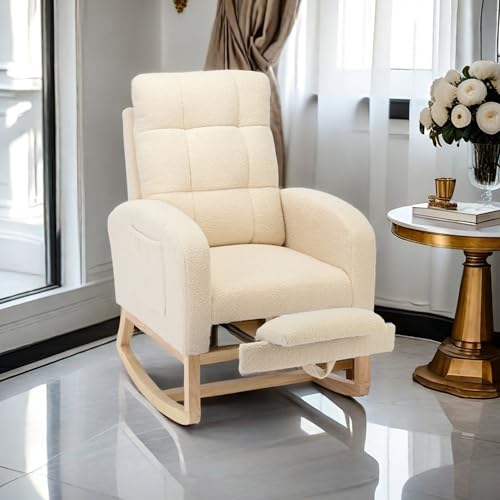 Image of Nursery Rocking Chair with Adjustable Footrest for Living Room - Teddy Fabric, Solid Wooden Legs, Comfortable Lounge Armchair with High Backrest and Side Pockets (Modern, Beige)