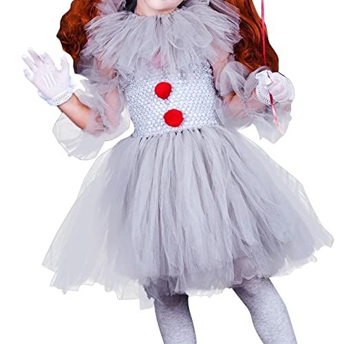 Disfarce de palhaço para menina, disfarce de Halloween vestido de tule, vestido de palhaço malvado para meninas com clipes de cabelo e luva, disfarces de bougem de medo, Halloween Dress Up, conjunto