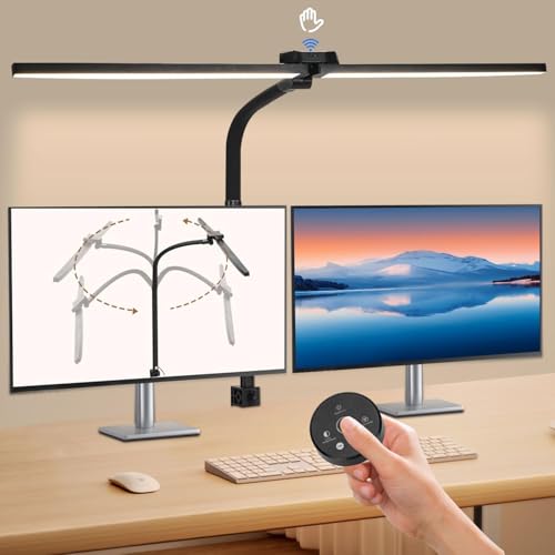 Oyxon LED Desk Lamp with Clamp, 20W 80CM Architect Desk Lamp, Bright Double Head Gooseneck Table Light with 5 Color Modes, Stepless Dimming and Tempering Table Lamp for Office Home Study Drafting