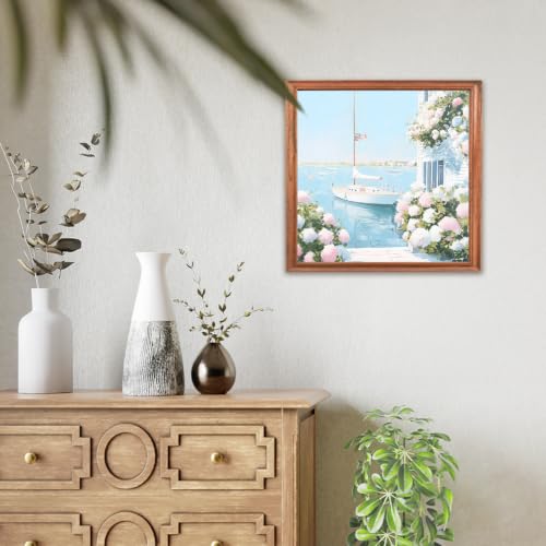 RLTXBUK Nautical Sailboat Hydrangea Floral Diamond Art Kits, Coastal Grandma Decor, Summer Coastal Ocean Flower Gem Diamond Painting Art Kits for Adults Kids Beginners, 11.8x11.8 Inch - Image 8
