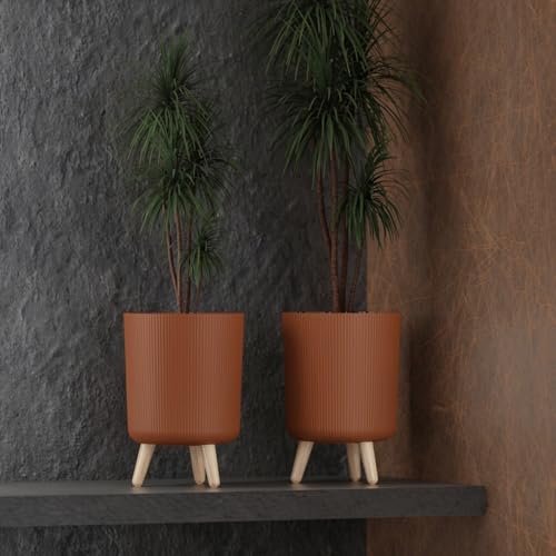 Image of StyleX Store Modern Flower Pot with Plastic Legs | Indoor Outdoor Planter for Home Garden Balcony Decor Ribbed Design Sturdy Plastic Mid-Century Style (Wood Brown Pack of 2)