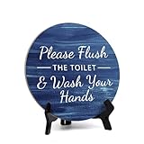 Round Please Flush The Toilet & Wash Your Hands, Washed Blue Wood Color Bathroom Table Sign with Acrylic Easel (5 x 5') 2 Pack