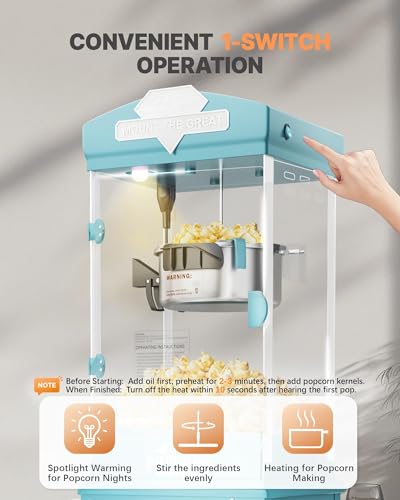 Image of 10 oz Popcorn Machine Cart, Popcorn Maker Machine with Wheel&Stainless-Steel Kettle Makes Up to 40 Cups, Vintage Movie Theater Style Pop Corn Machine, Cyan