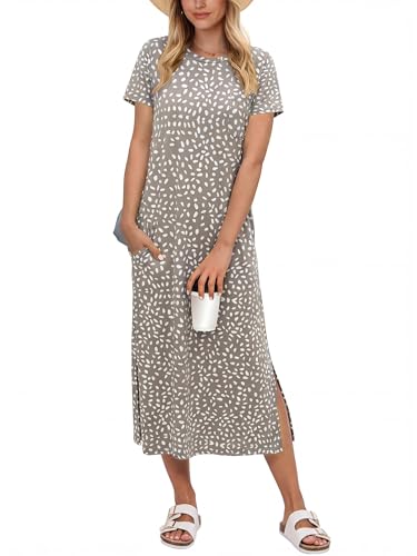 Image of ANRABESS Womens Midi Dress,Summer Long Tshirts Dresses,Short Sleeve Split Stripe,Comfy Travel Beach Vacation Casual Wear