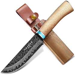 Freelander Fixed Blade Knife with Wooden Sheath & Handle, Gifts for Men | Versatile Damascus Hunting Knife, Reliable Edge Performance, Comfortable Grip, Portable Sheath for Outdoor Carry