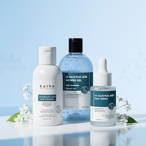 Image of KAIVA Salicylic Acid Skincare Combo - 1% Face Wash, 2% Face Serum & 1% Shower Gel | BHA Kit for Acne & Oil Control | Helps Reduce Pimples, Body Acne & Excess Oil | For Clear, Smooth & Healthy-Looking Skin