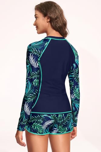 Womens Rash Guard Long Sleeve-Two Piece Swimsuit with Built in Bra Zip Front Swim Shirt and Shorts with Pockets4