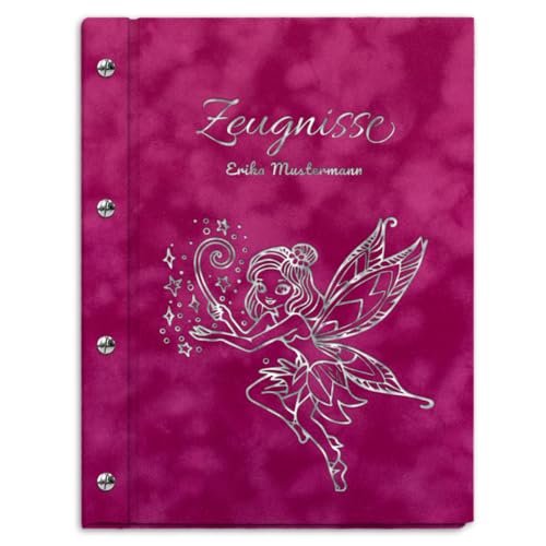 Personalisierbare Zeugnismappe in pinker Samtoptik mit eigenem Namen und Motiv - inkl. 12 Sichthüllen - Silberner Aufdruck mit individuellem Motiv selbst gestalten