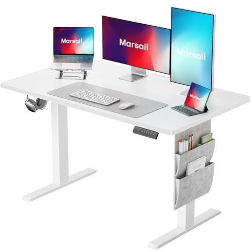 Image of Marsail Standing Desk Adjustable Height,48 inch*28 inch Electric Standing White Desk with Storage Bag,Sit Stand up Desk for Home Office Writing Computer Desk,4 Memory Preset with Headphone Hook,Cable Manager