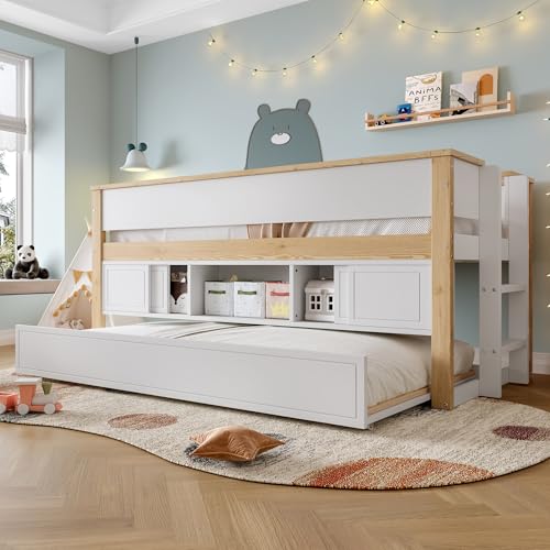 ECLIVON Cama Infantil Litera 90x200 con Cama Extensible 90x190, Cama Alta Literas con Escalera, Camas Infantiles con Estantes, Litera con Somier y Protección Anticaídas, Sin Colchón, Blanco+Natural