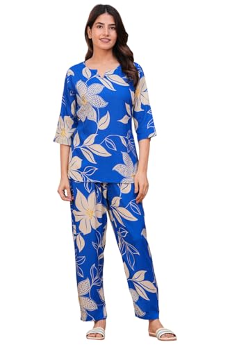 Image of Women's Printed Nightsuit Pajama with Top, (Blue, 3XL)