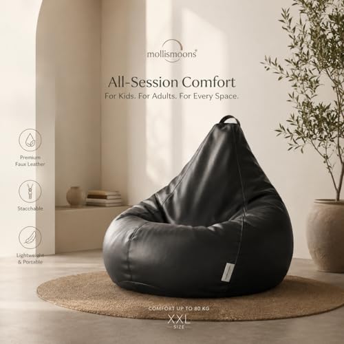 Image of Mollismoons Premium 300 GSM Stretchable Faux Leather Bean Bag Cover Only (Without Beans),Bean Bag Chair for Adults & Kids, Gaming, Study, WFH, Indoor Outdoor,45x24Inch (Midnight Black)