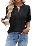 Blooming Jelly Womens Button Down Shirts 3/4 Sleeve Work Dressy Tops Lace Crochet Summer Outfits 2025 (Large, Black)