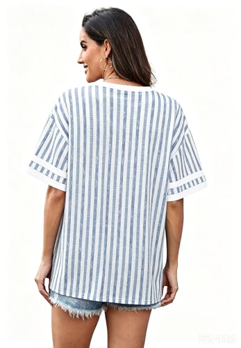 Image of WIHOLL Womens T Shirts Loose Fit Short Sleeve Tees V Neck Color Block Summer Tops 2026 Fashion S-4XL
