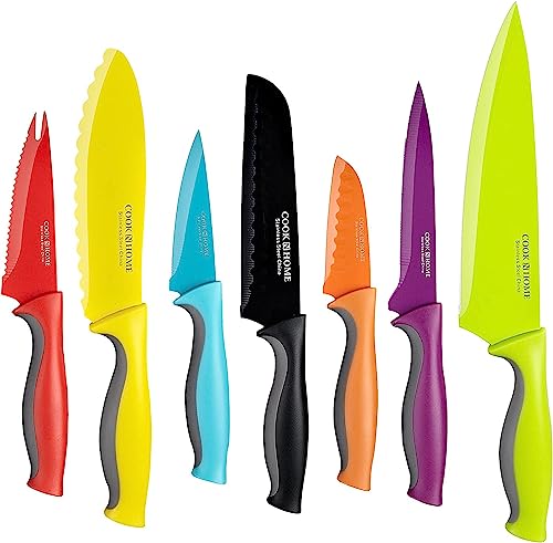Cook N Home Basics Cutlery Kitchen Knife Set, Coated Carbon Stainless Steel Knife Set with Sheaths, Non-stick Sharp Blades, Multicolor, 14-Piece with Ergonomic Handles — view 2