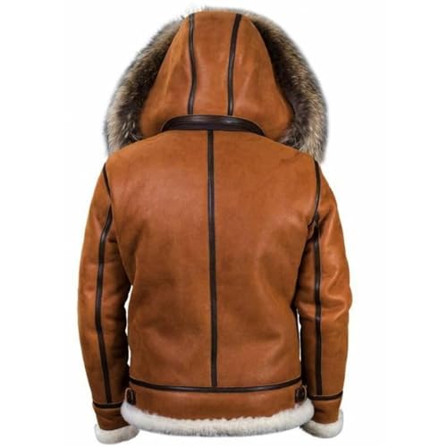 Mens Faux Suede Shearling Leather Coat Zipper Fur Hooded Sherpa Lined Brown Winter Thicken Warm Jacket Outwear Pocket3
