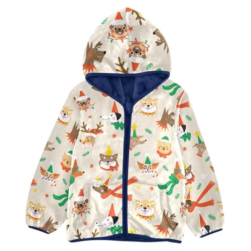 Cute Cartoon Dogs Wearing Christmas Hats Girls Fleece Jacket Girls Fall Jacket Girls Zip Up Hoodie Girls Sherpa Jacket 2-10T