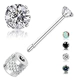 GUIJUEYE Threadless Push-in Flat Back Earrings – 4 Pairs Gold Plated Hypoallergenic Titanium Surgical Steel Stud Earrings Set with Multicolor Cubic Zirconia for Women Men (Silver 2mm)