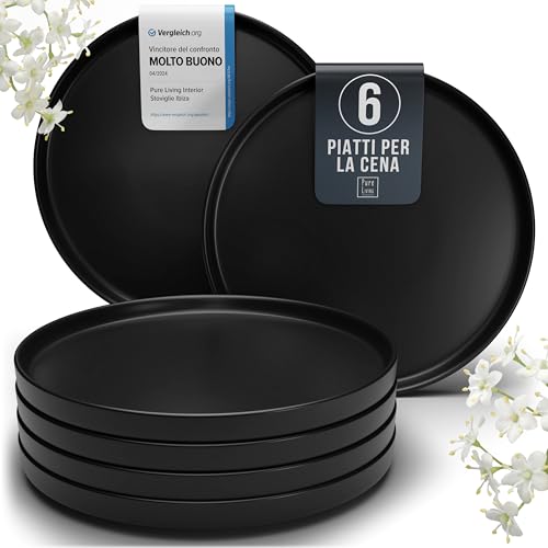 Piatti Neri Moderni, Set Piatti 6 Persone in Ceramica - Elegante Servizio Piatti Manhattan, Adatti a Lavastoviglie e Microonde - Piatti Fondi per un'Esperienza Culinaria Unica - Pure Living