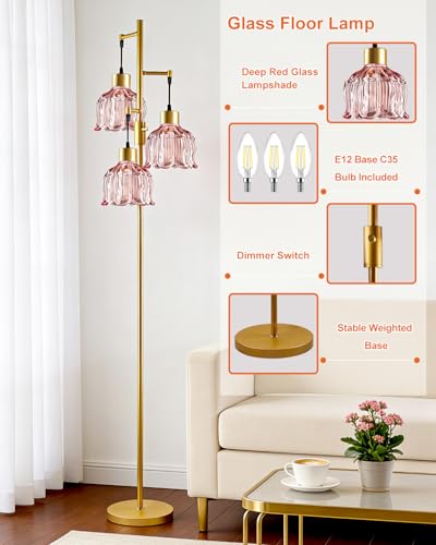 Image of Lightdot 3-Light Flower Floor Lamps, 65'' Dimmable Floor Lamp with Rose Red Glass Shade& Bulbs Included, Mid Century Standing Lamp with 5Lbs Heavy Base for Living Room /Bedroom /Sofa Beside-Gold