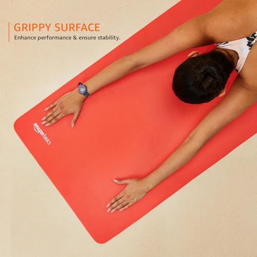 Image of AmazonBasics Dual Colour Yoga Mat | 6 MM Thick Mat | Carry Strap | Grippy Surface | Anti Slip Exercise Mat | EVA & LDPE Material | Yoga Mat for Men & Women | Exercise Mat for Gym or Home (Black & Red)