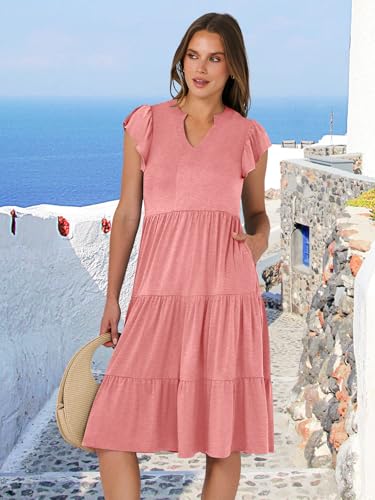 Image of ANRABESS Womens Summer Dress Ruffle Sleeve V Neck Midi Dresses Fashion Casual Fit Flowy Tiered Boho Beach Vacation Sundress