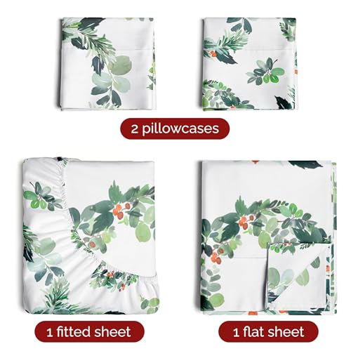 Full Christmas Holiday Wreath Sheet Set - Holiday Xmas Pattern Bedding Set - Deep Pockets - Snug Fit - 4 Piece - Wrinkle Free - Cooling Comfy Festive Winter Holiday Sheets for Women, Men, Kids & Teens