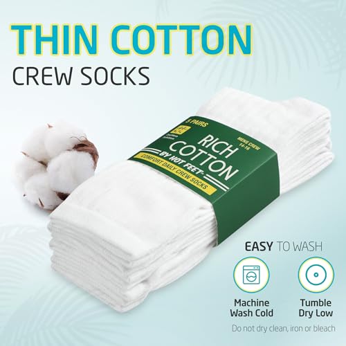 HOT FEET Thin Crew Summer Socks for Men - 5 Pack, Breathable, Moisture Wicking, Lightweight, Ribbed Cotton Socks, Sizes 7-173