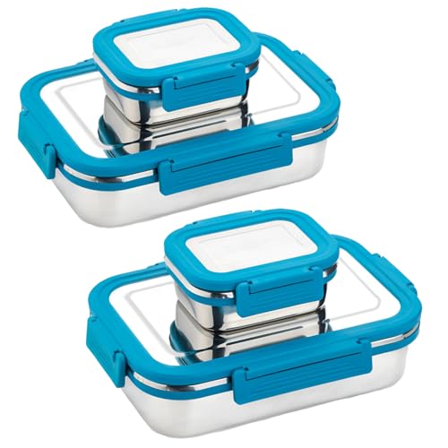 Image of Premium Stainless Steel Lunch Box, Pack of 2, Leakage Proof /Airtight Containers Lunch Box for Office Use, Bento Lunch Box for Men /Women, 4 Side Clip Lock Lid (700ml + 200ml) - Blue