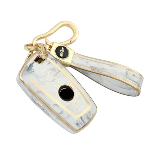 Image of Keyzone TPU car Key Cover Compatible for BMW X4, X3, 5 Series, 6 Series, 3 Series, 7 Series 4 Button smart Key (Type1) (Marble with MRB Keychain)