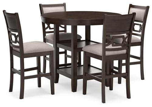 Image of Signature Design by Ashley Round Counter Height Dining Set for 4 | Built-in storage shelves, Beige polyester and foam stools, Solid wood and engineered wood frames, Cherry brown finish