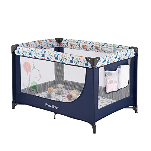 Pamo Babe Travel Foldable Portable Bassinet Baby Infant Comfortable Play Yard Crib Cot with Soft Mattress Breathable Mesh Walls, and Carry Bag Blue