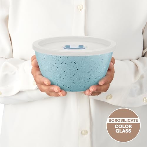 Image of Borosil 750ml Serving & Mixing Bowl with Lid | Made in India Borosilicate Glass Bowl for Kitchen & Dinning | Bowl for Mixing Dough, Salad, Batter | Microwave & Dishwasher Safe (Blue)