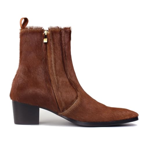 OSSTONE Men Chelsea Ankle Boots Leather Pony Hair Chukka Boots with Side Zipper Heel Dress Boots OS-JY021-E-R Original Brown4