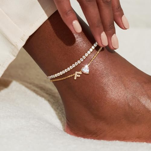 Image of Gold Initial Ankle Bracelets for Women Waterproof 14K Gold Filled Layered Anklets for Women Non Tarnish Women's Anklets Adjustable Large Ankle Summer Beach Foot Jewelry