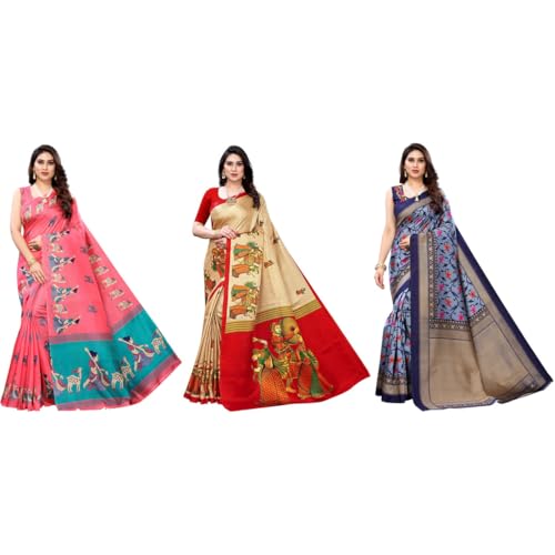 Image of Yashika Women's Sarees Women's Combo Art Silk Printed Saree With Unstitched Blouse Piece |saree for Women | saree combo | New Sari | Saree Pack Of 3