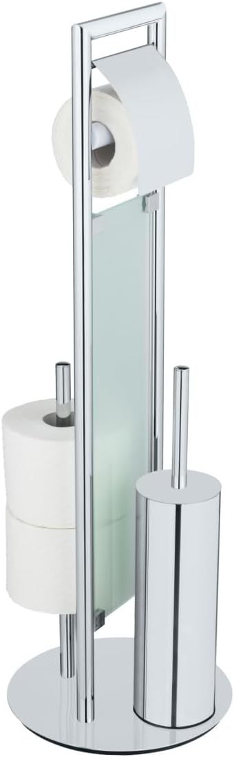 WENKO Sulmona stainless steel free-standing toilet brush set, with toilet paper holder and spare roll holder on heavy base plate, WC brush set with silicone brush head, Ø 25 x 76 cm, shiny