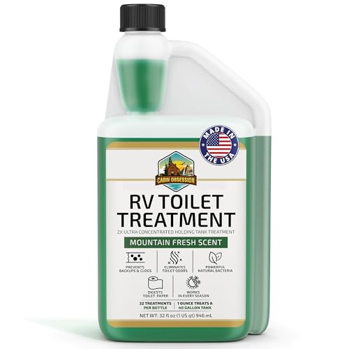 Cabin Obsession RV Toilet Treatment (32 oz) - 2x Ultra Concentrated Liquid RV Black Tank Treatment with Easy Measure Spout, Mountain Fresh Scent, 32 Treatments