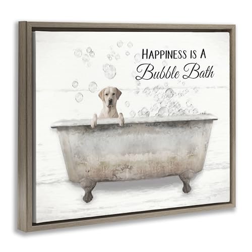 Image of 'Happiness Is A Bubble Bath Dog'| Floating Frame Canvas Art | Stupell Industries | Brown, 21 x 17 Inches, Easy to Hang and Sturdy, Made in USA, by Lori Deiter