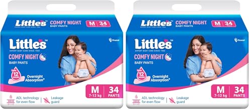 Image of Little's Baby Diapers M Size (Medium) Pants Style | 7-12 kg | 34 Count | Comfy Nights Baby Diaper Pants with Leakage Guard & Upto 12 Hours Absorption (34 Count, Pack of 2)