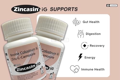 Image of Zincasin -iG Zinc L Carnosine Complex with Bovine Colostrum Powder 500mg | for Intestinal Permeability Support, Stomach Lining, Immunity Booster, Digestive Tract | Leaky gut | Gut Health supplements - 30 Vegetarian Capsules