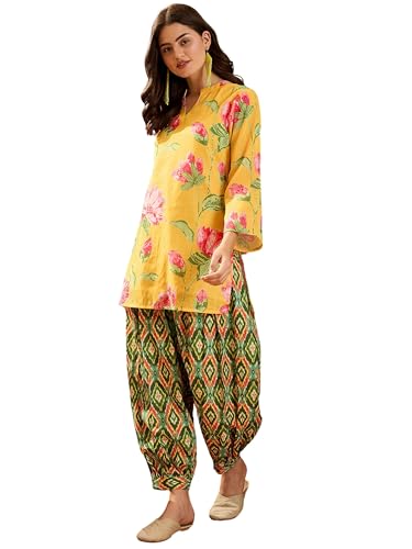 Image of EthnicJunction Women's Linen Floral Print Summer Wear Straight Short Kurti with Afghani Pant Set | Co Ord Set for Women Stylish | Fusion wear Women