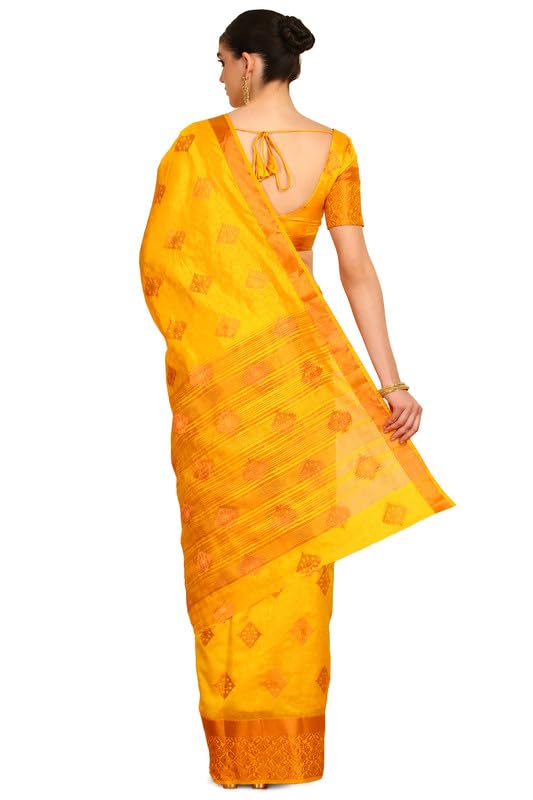 Image of Soch Womens Mustard Geometric Woven Design Brocade Weave Art Silk Saree