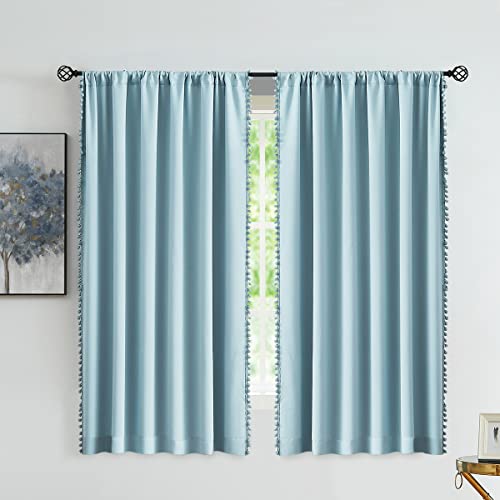 Image of Treatmentex Blue Pom Pom Curtains for Living Room Bedroom 63 inch Thermal Insulated Half Blackout Curtain Drapes for Girls Boys Room Guest Room 52 inch w x2 Panels Rod Pocket