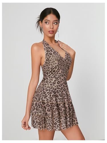 WDIRARA Women's Y2k Leopard Print Halter Dress Tie Backless Layered Ruffle Hem Mini Dresses Cheetah Mesh Dress4