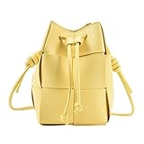 MYSNKU Women's Mini Woven Bucket Bag, Square Lattice Drawstring Leather Small Hobo Handbag Crossbody Handbags Soft Adjustable (Yellow)