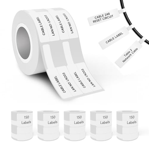 Image of Seznik Cable Tag Thermal Labels - Waterproof, Non-Tearable, Oil & Scratch Resistant, White, 150 Labels /Roll, Pack of 5 Rolls - Wire & Electrical Labeling Stickers