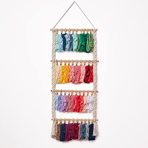Image of Mokof Bow Holder for Girls Hair Bows, Headband Organizer for Baby Girl, Macrame Bow Organizer for Boho Room Nursery Wall Decor (Beige, 4 Rods with 40 Clips)